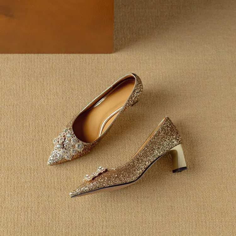 Glitter Block Heel Pumps – Pointed Toe Rhinestone Party Heels