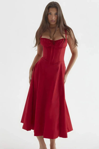 Women's Corset Bustier Midi Dress – Floral A-Line Summer Dress with Side Slit