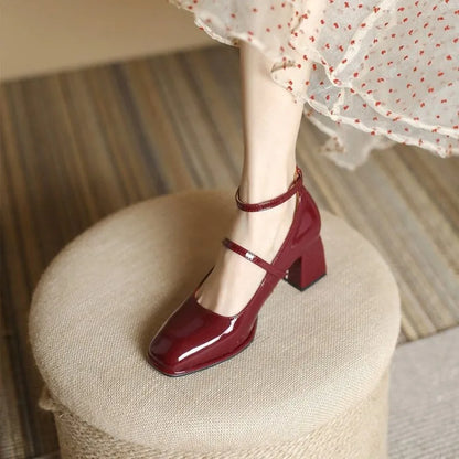 Patent Mary Jane Block Heel Pumps – Square Toe Ankle Strap