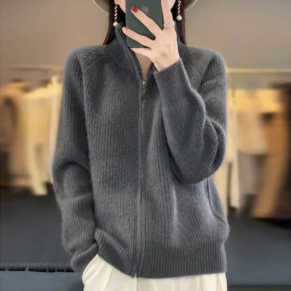 Ribbed Knit Zip-Up Cardigan – Stand Collar Long Sleeve Sweater Jacket