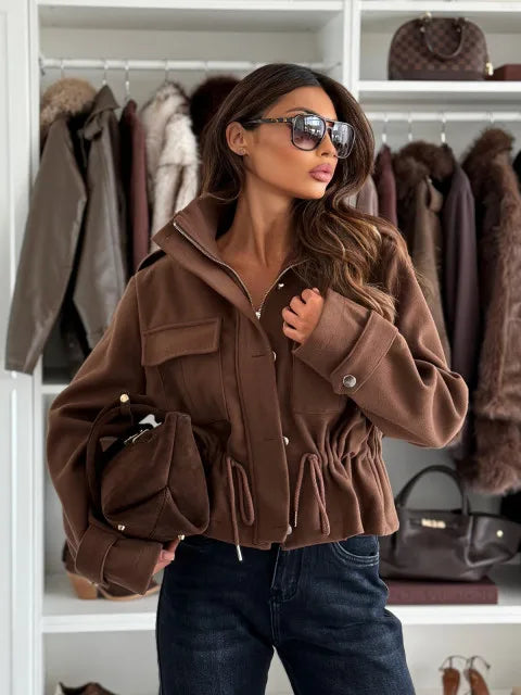 Cropped Utility Jacket – Drawstring Waist Zip-Up Long Sleeve