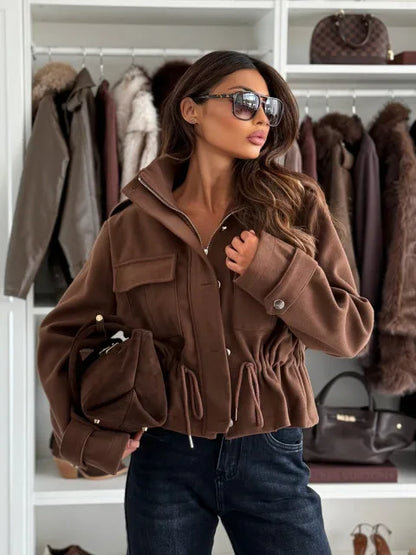 Cropped Utility Jacket – Drawstring Waist Zip-Up Long Sleeve