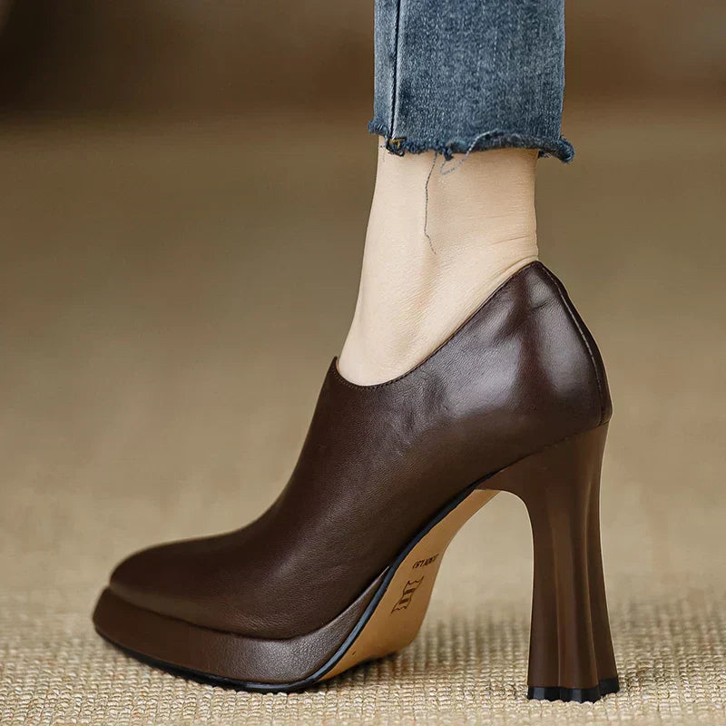 Leather Platform Block Heel Pumps – Pointed Toe Side Zip