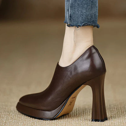 Leather Platform Block Heel Pumps – Pointed Toe Side Zip