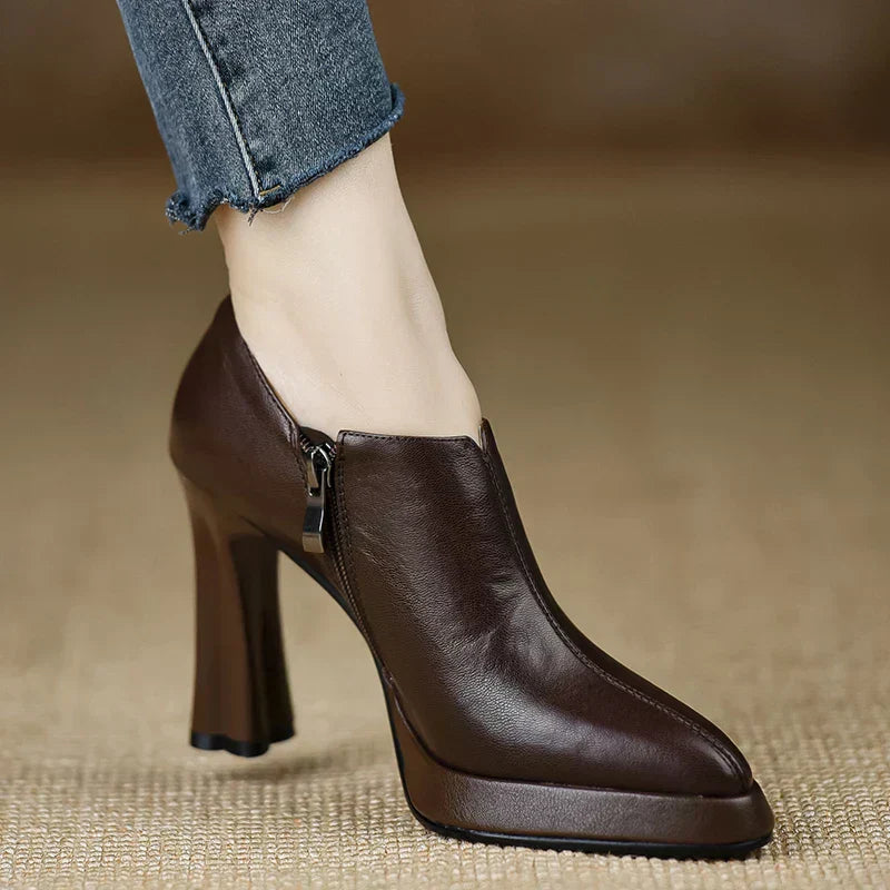Leather Platform Block Heel Pumps – Pointed Toe Side Zip