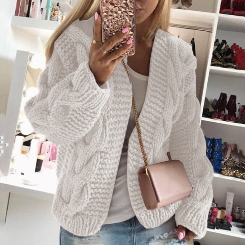 Chunky Knit Oversized Cardigan – Cable Knit Open Front Long Sleeve