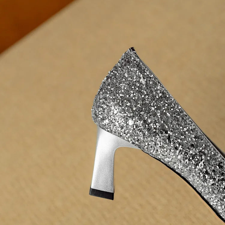 Glitter Block Heel Pumps – Pointed Toe Rhinestone Party Heels