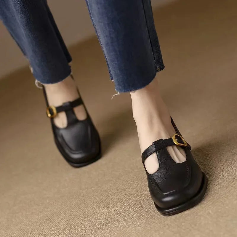 Leather T-Strap Mary Jane Heels – Square Toe Block Heel Buckle
