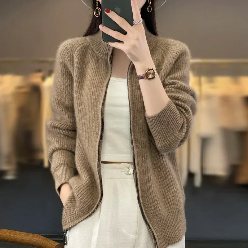 Ribbed Knit Zip-Up Cardigan – Stand Collar Long Sleeve Sweater Jacket