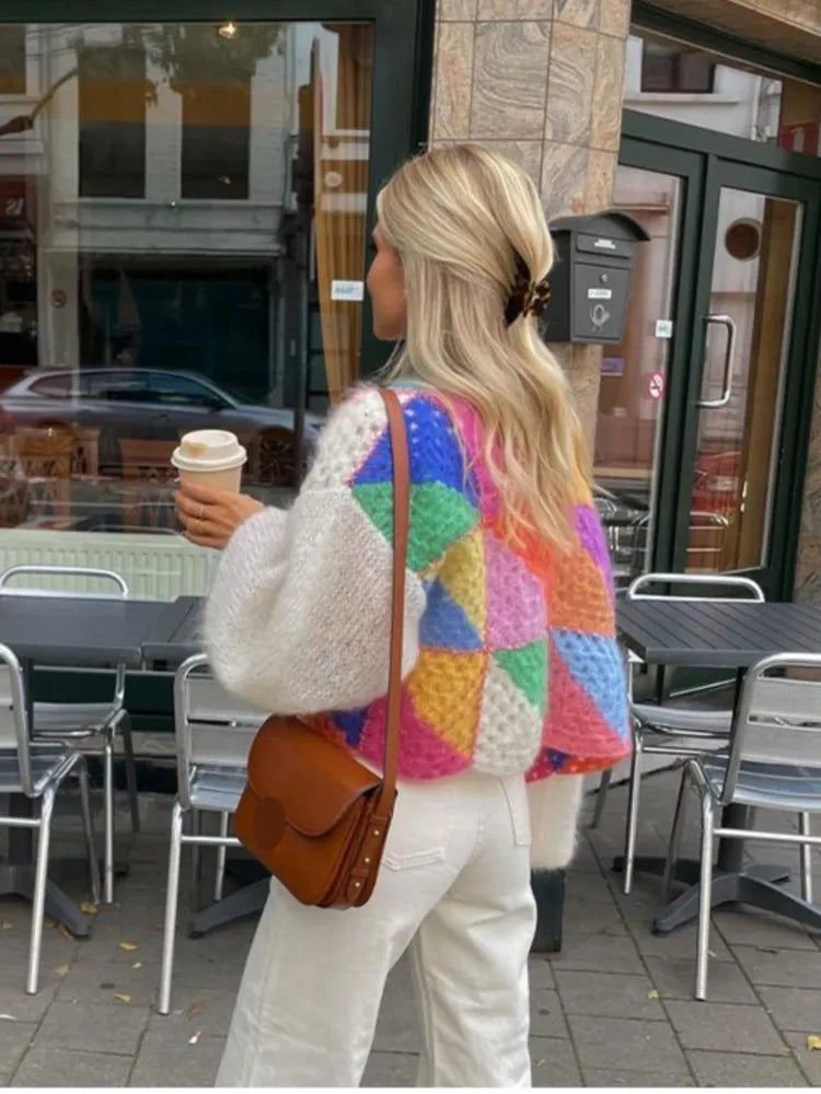 Color Block Cropped Knit Sweater – Multicolor Chunky Pullover
