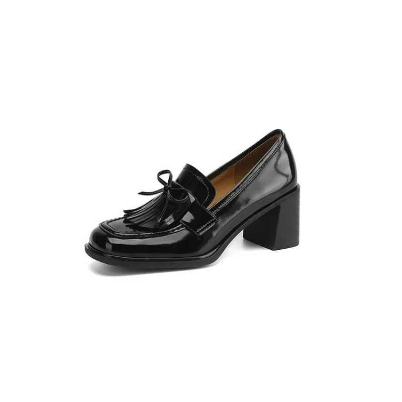 Patent Leather Tassel Loafer Pumps – Block Heel Round Toe