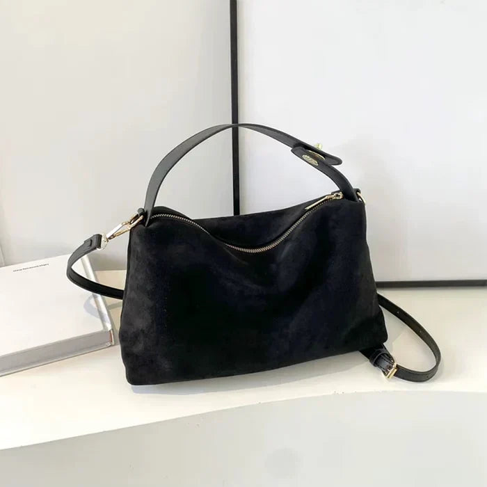 Suede Shoulder Bag with Top Handle – Zip Crossbody Gold Hardware