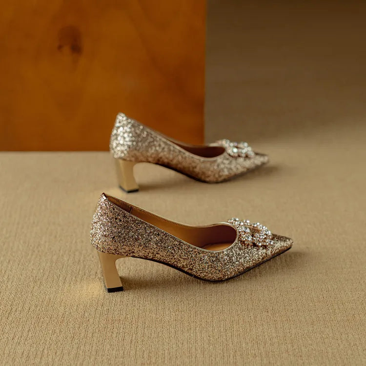 Glitter Block Heel Pumps – Pointed Toe Rhinestone Party Heels
