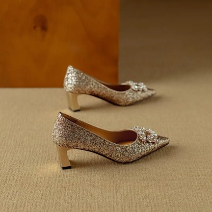 Glitter Block Heel Pumps – Pointed Toe Rhinestone Party Heels