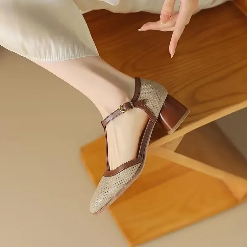 T-Strap Block Heel Pumps – Square Toe Two-Tone Mid Heel