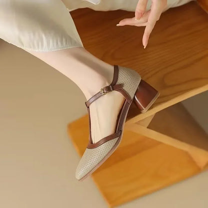 T-Strap Block Heel Pumps – Square Toe Two-Tone Mid Heel