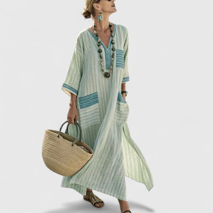 Linen Boho Maxi Dress – V-Neck 3/4 Sleeve with Pockets