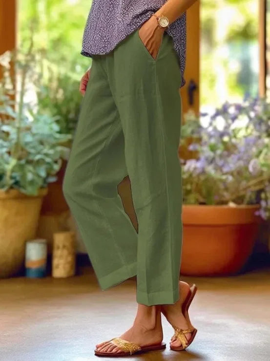 Linen Cropped Trousers – Straight Leg Elastic Waist Cuffed Pants