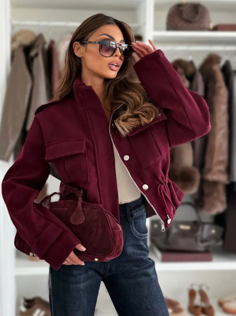 Cropped Utility Jacket – Drawstring Waist Zip-Up Long Sleeve