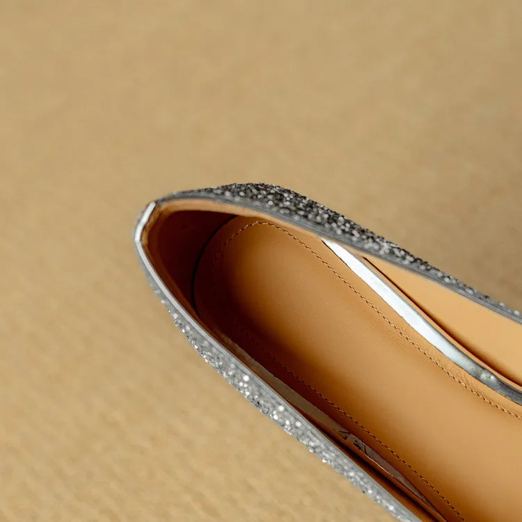 Glitter Block Heel Pumps – Pointed Toe Rhinestone Party Heels