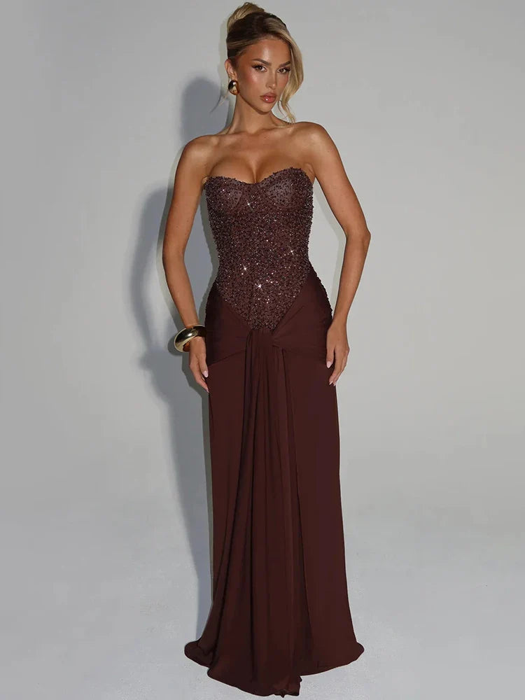 Sequin Corset Strapless Maxi Dress – Ruched Formal Evening Gown