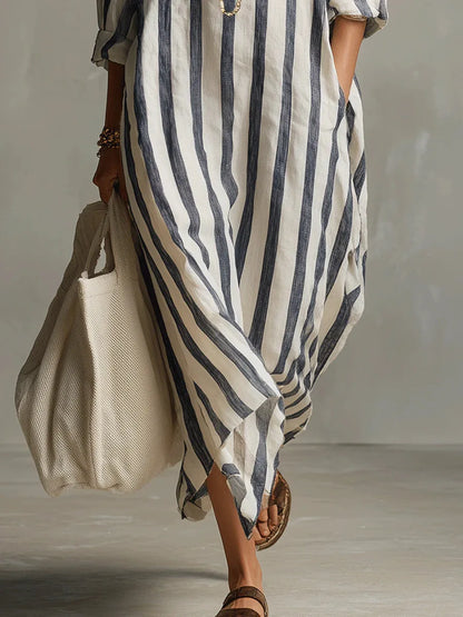 Striped Linen Maxi Shirt Dress – Loose Fit Long Sleeve Casual