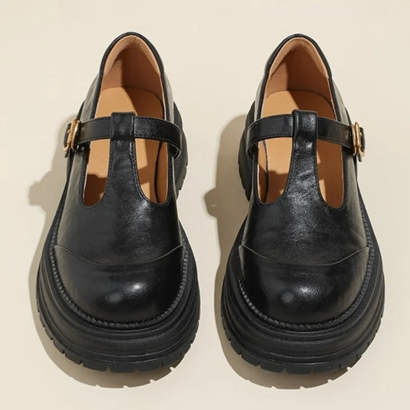 Leather T-Bar Platform Mary Jane Shoes – Round Toe Vintage Style