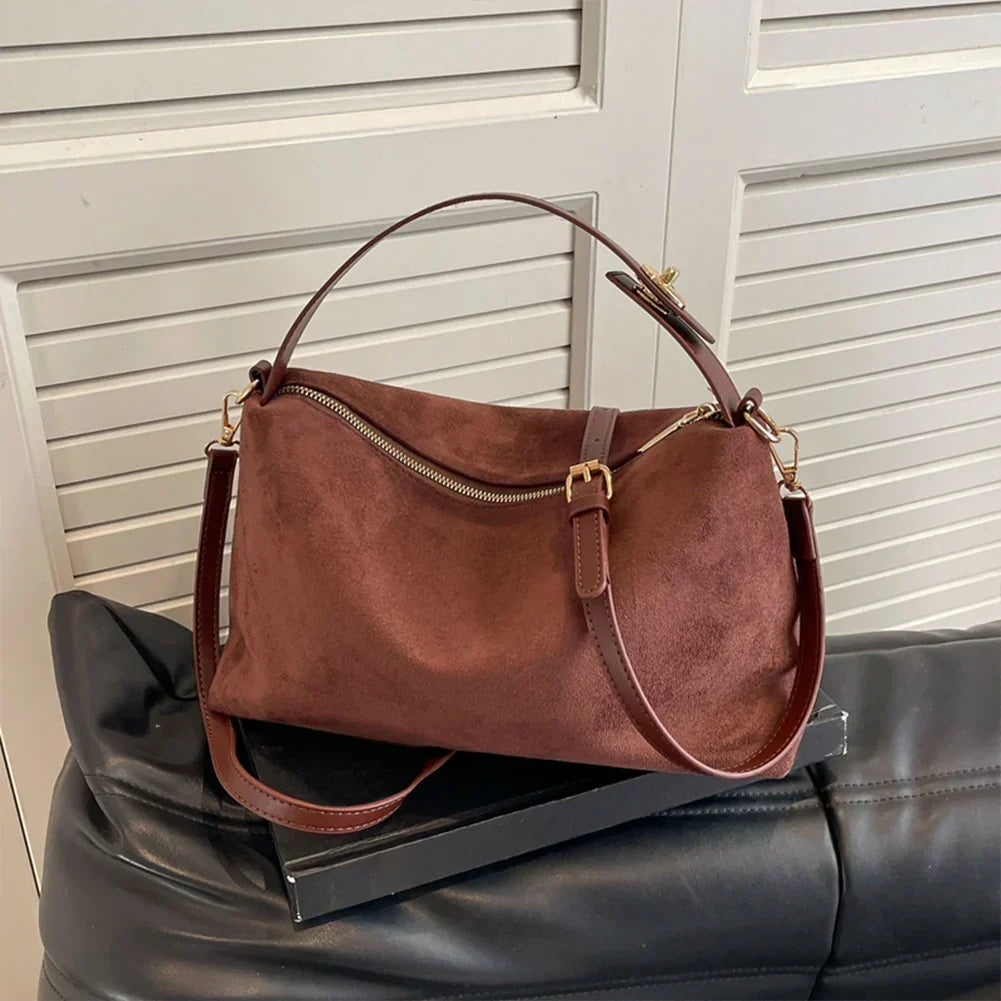 Suede Shoulder Bag with Top Handle – Zip Crossbody Gold Hardware