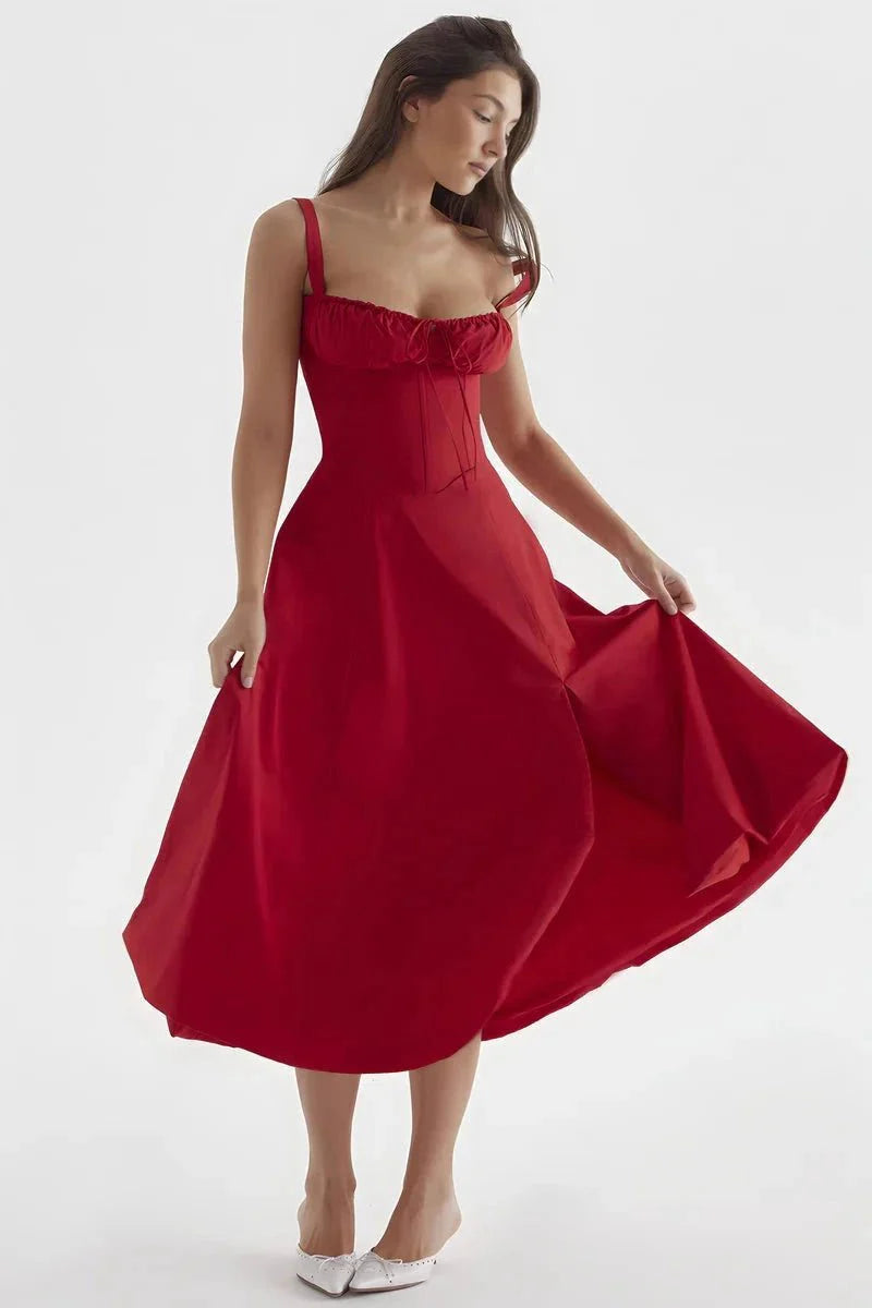 Women's Corset Bustier Midi Dress – Floral A-Line Summer Dress with Side Slit