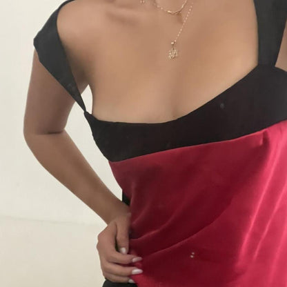 Satin Backless Crop Top – Two-Tone Plunge Neck Tie-Back