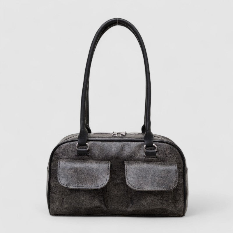 Distressed Vegan Leather Shoulder Bag – Vintage Zip Top Handbag Dual Pockets