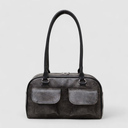 Distressed Vegan Leather Shoulder Bag – Vintage Zip Top Handbag Dual Pockets