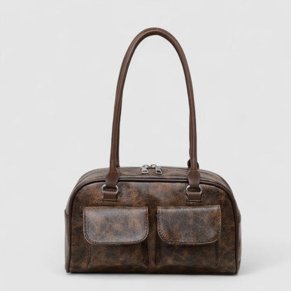 Distressed Vegan Leather Shoulder Bag – Vintage Zip Top Handbag Dual Pockets