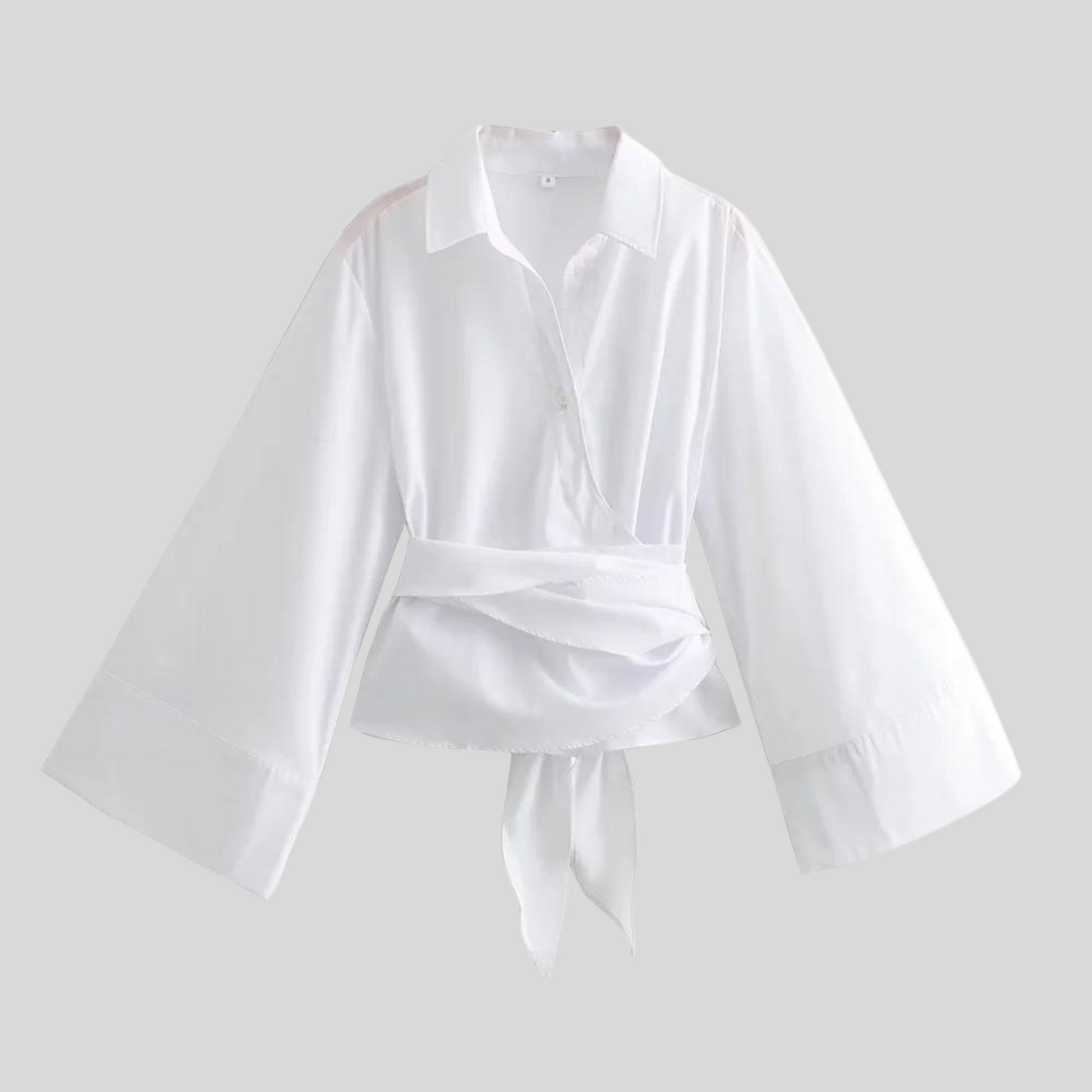 Wide Sleeve Wrap Blouse – Tie Waist V-Neck Long Sleeve Top