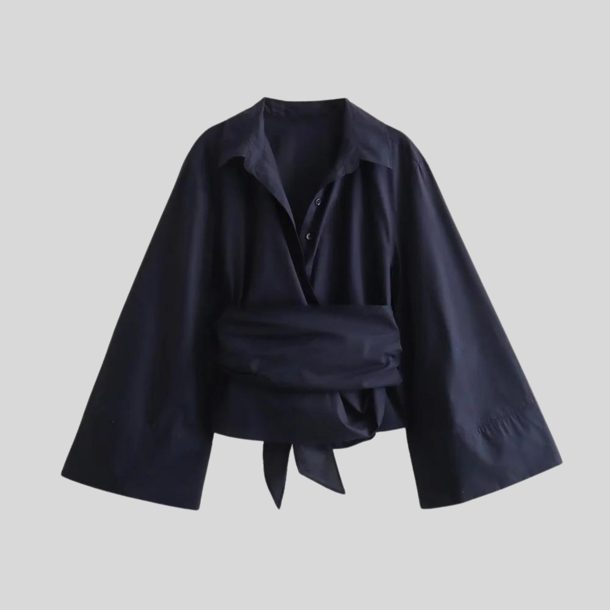 Wide Sleeve Wrap Blouse – Tie Waist V-Neck Long Sleeve Top