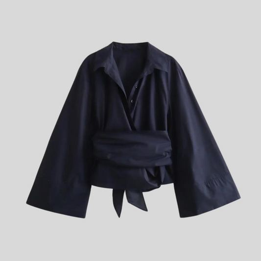 Wide Sleeve Wrap Blouse – Tie Waist V-Neck Long Sleeve Top