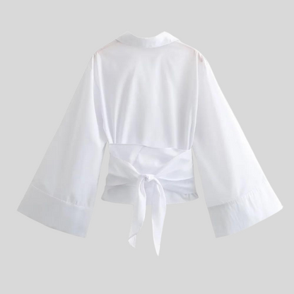 Wide Sleeve Wrap Blouse – Tie Waist V-Neck Long Sleeve Top