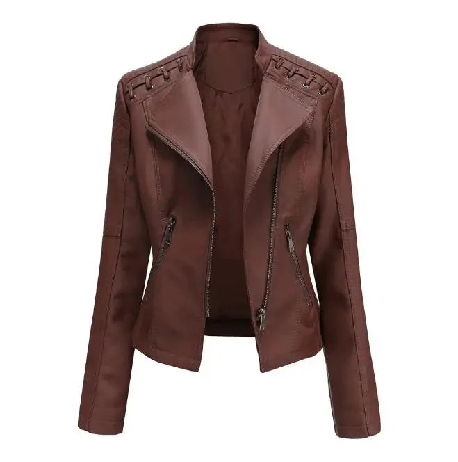 Faux Leather Moto Jacket – Slim Fit Biker Jacket with Zip Pockets