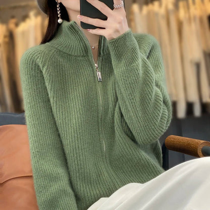 Ribbed Knit Zip-Up Cardigan – Stand Collar Long Sleeve Sweater Jacket