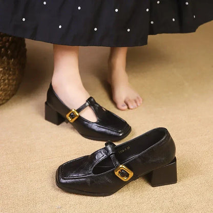 Square Toe Mary Jane Block Heel Pumps – T-Bar Buckle Retro Heels