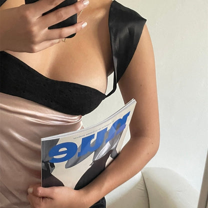 Satin Backless Crop Top – Two-Tone Plunge Neck Tie-Back