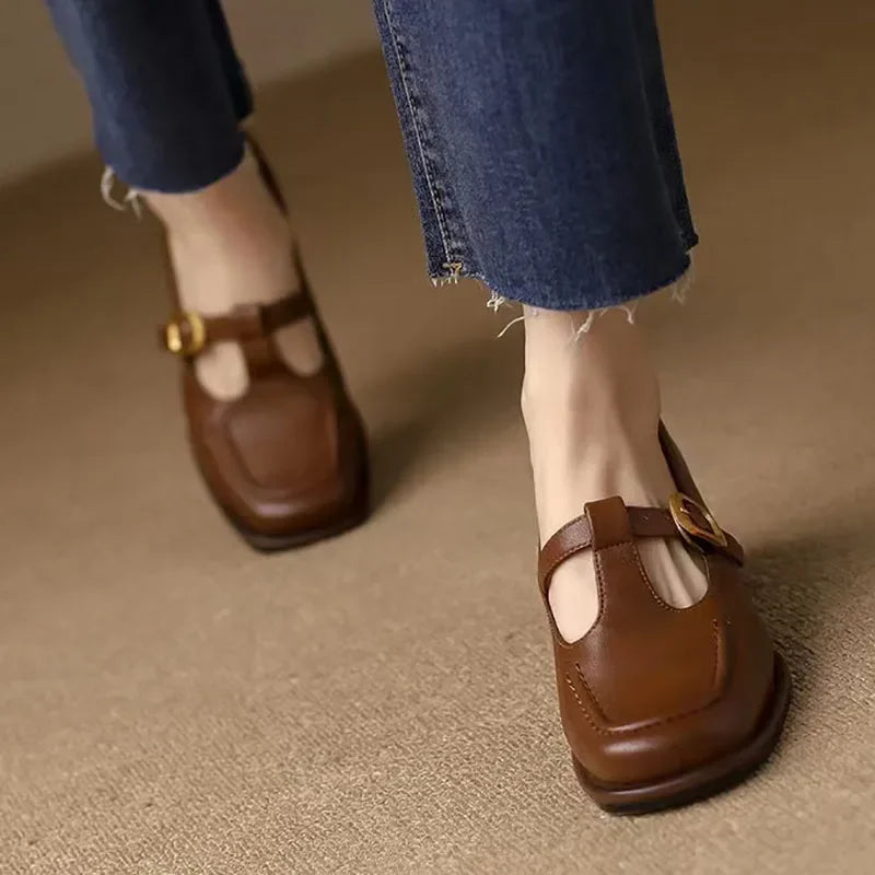 Leather T-Strap Mary Jane Heels – Square Toe Block Heel Buckle