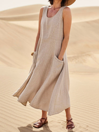 Linen Sleeveless Maxi Dress – A-Line Relaxed Fit with Deep Pockets