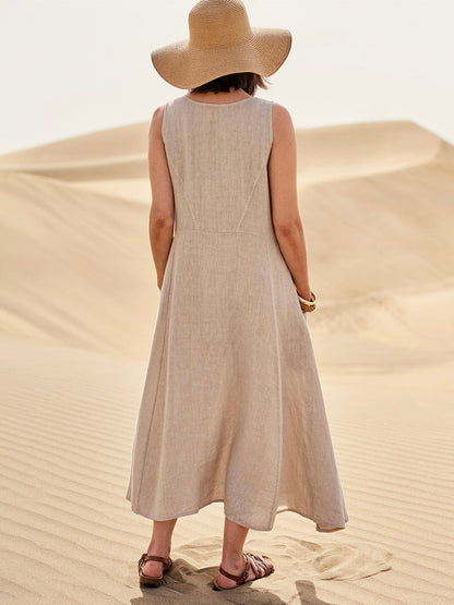 Linen Sleeveless Maxi Dress – A-Line Relaxed Fit with Deep Pockets