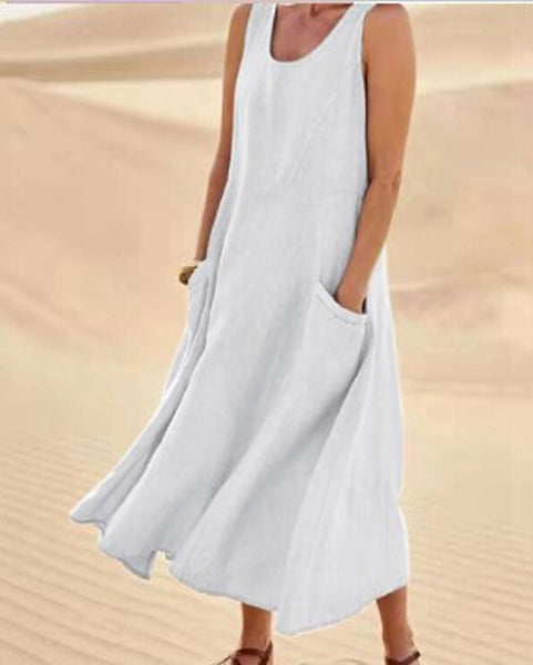 Linen Sleeveless Maxi Dress – A-Line Relaxed Fit with Deep Pockets