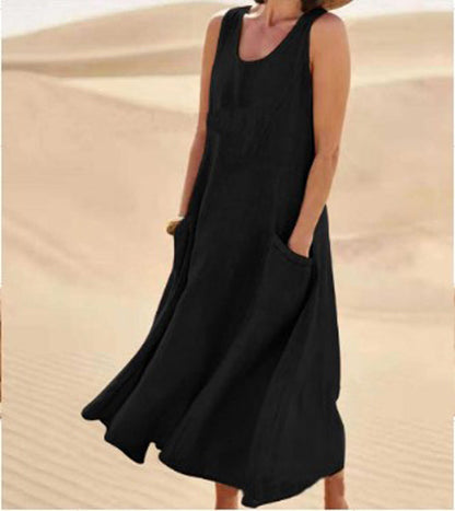 Linen Sleeveless Maxi Dress – A-Line Relaxed Fit with Deep Pockets