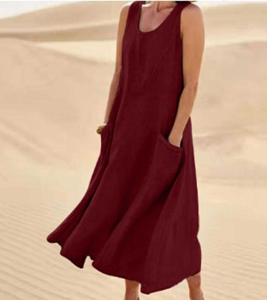 Linen Sleeveless Maxi Dress – A-Line Relaxed Fit with Deep Pockets