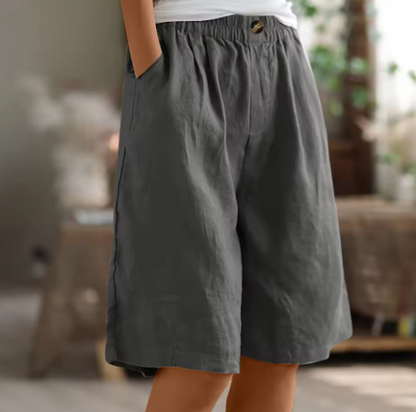 Linen Bermuda Shorts – Wide Leg Elastic Waist Knee Length