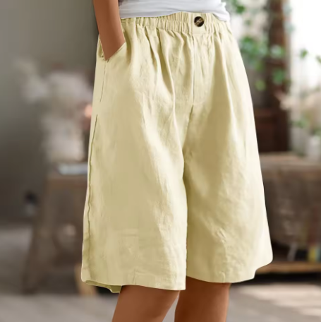 Linen Bermuda Shorts – Wide Leg Elastic Waist Knee Length