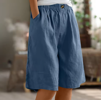 Linen Bermuda Shorts – Wide Leg Elastic Waist Knee Length